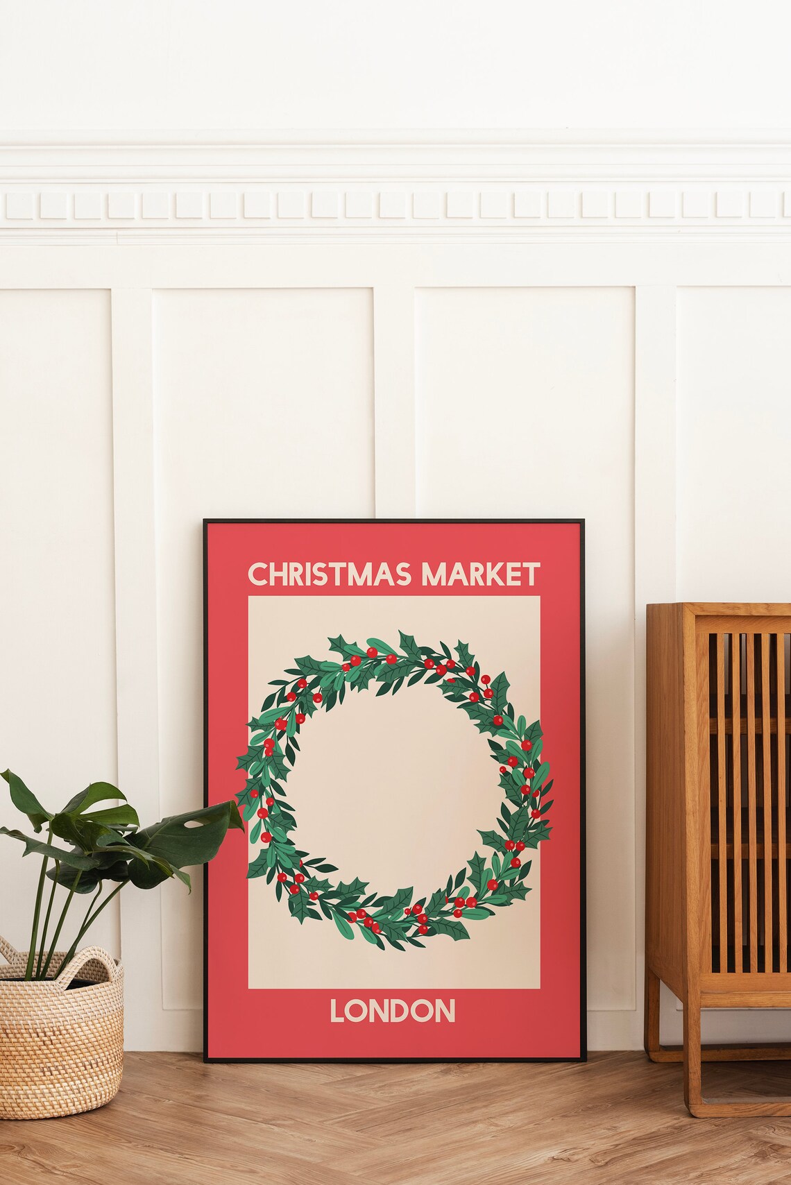 London Christmas Market Holly Berry Wreath Holiday Travel Poster - Image 2