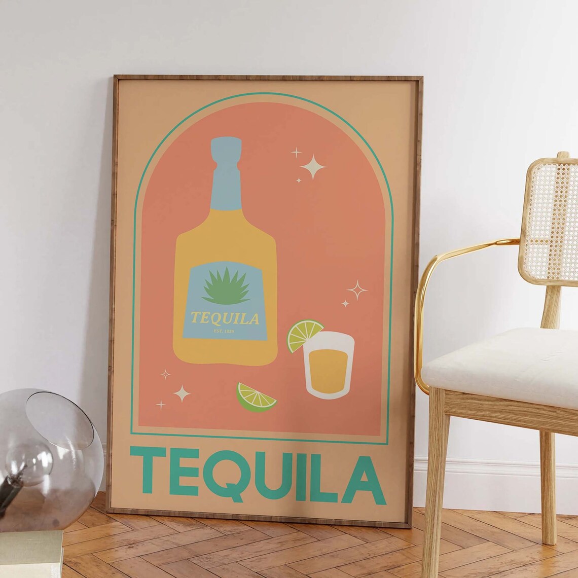 Pink Tequila Bottle Retro Cocktail Bar Cart Vintage Art Poster - Image 4