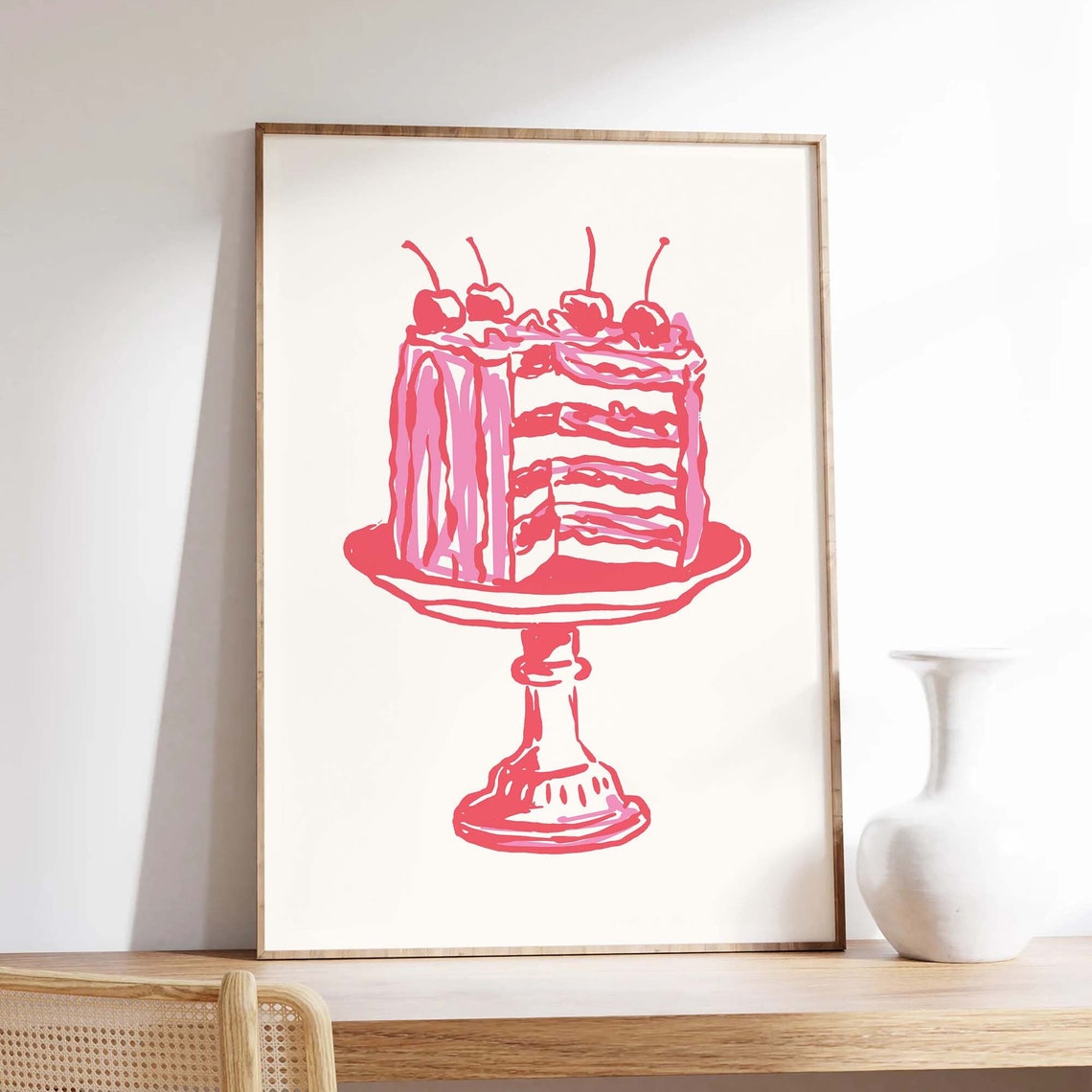 Pink Cherry Layer Cake Line Art Retro Bakery Illustration Wall Print - Image 3