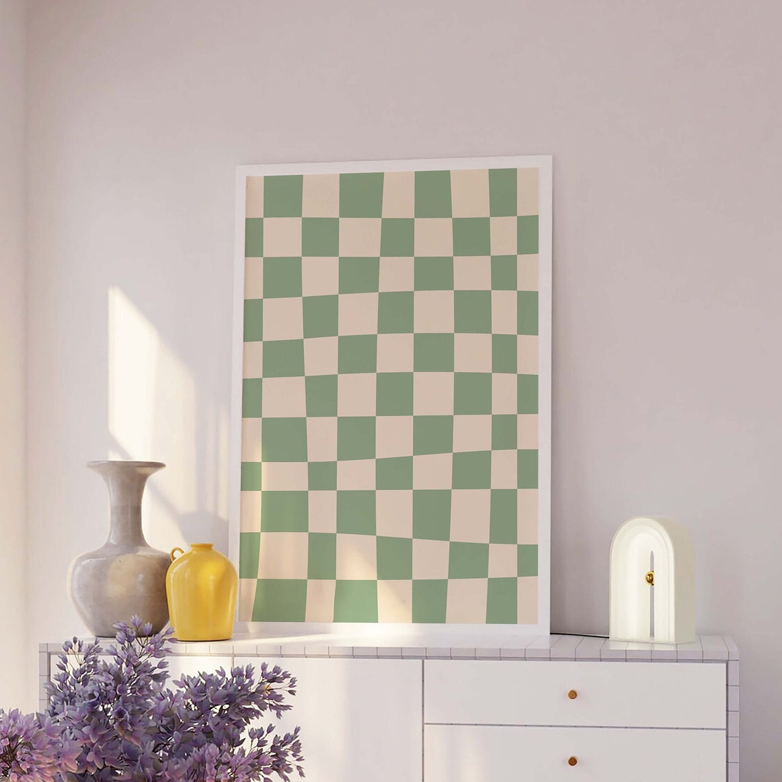 Green And White Abstract Print Art Trendy Checkered Print 70s Retro Art Cute Trendy Wall Art - Image 3