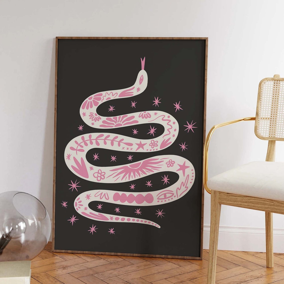 Boho Tattoo Snake White Illustration Black Starry Art Poster - Image 6