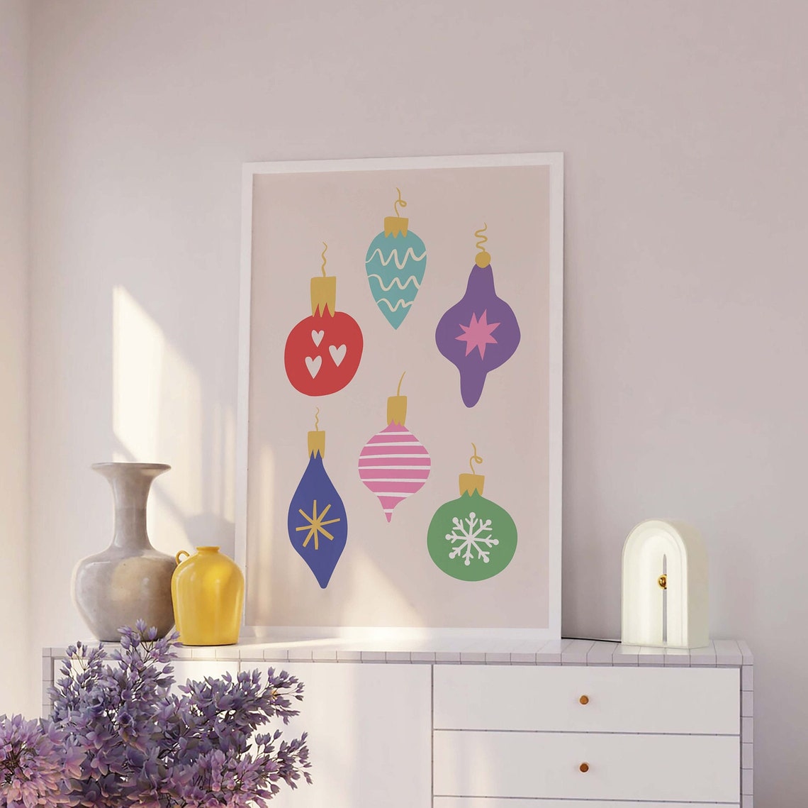 Pastel Christmas Ornaments Holiday Bauble Illustration Wall Print - Image 4