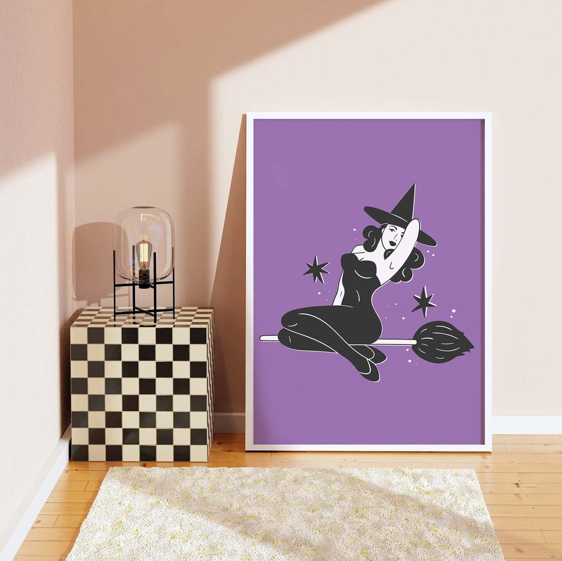 Pin Up Witch Riding Broom Purple Cute Retro Halloween Art Poster - Image 3