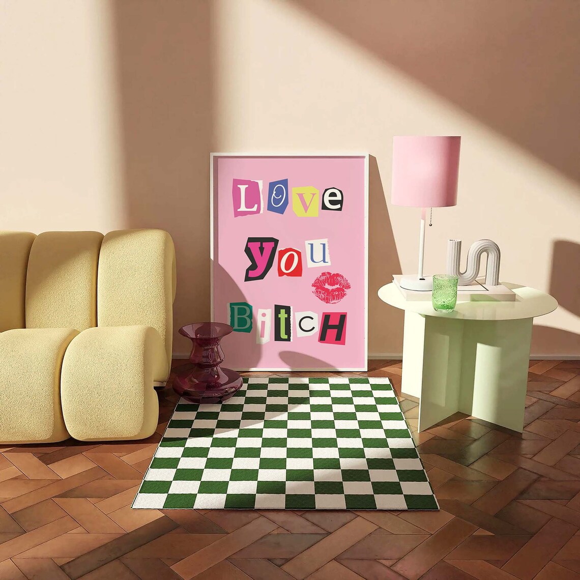 Love You Bitch Ransom Note Letters Lipstick Kiss Pink Wall Art - Image 3