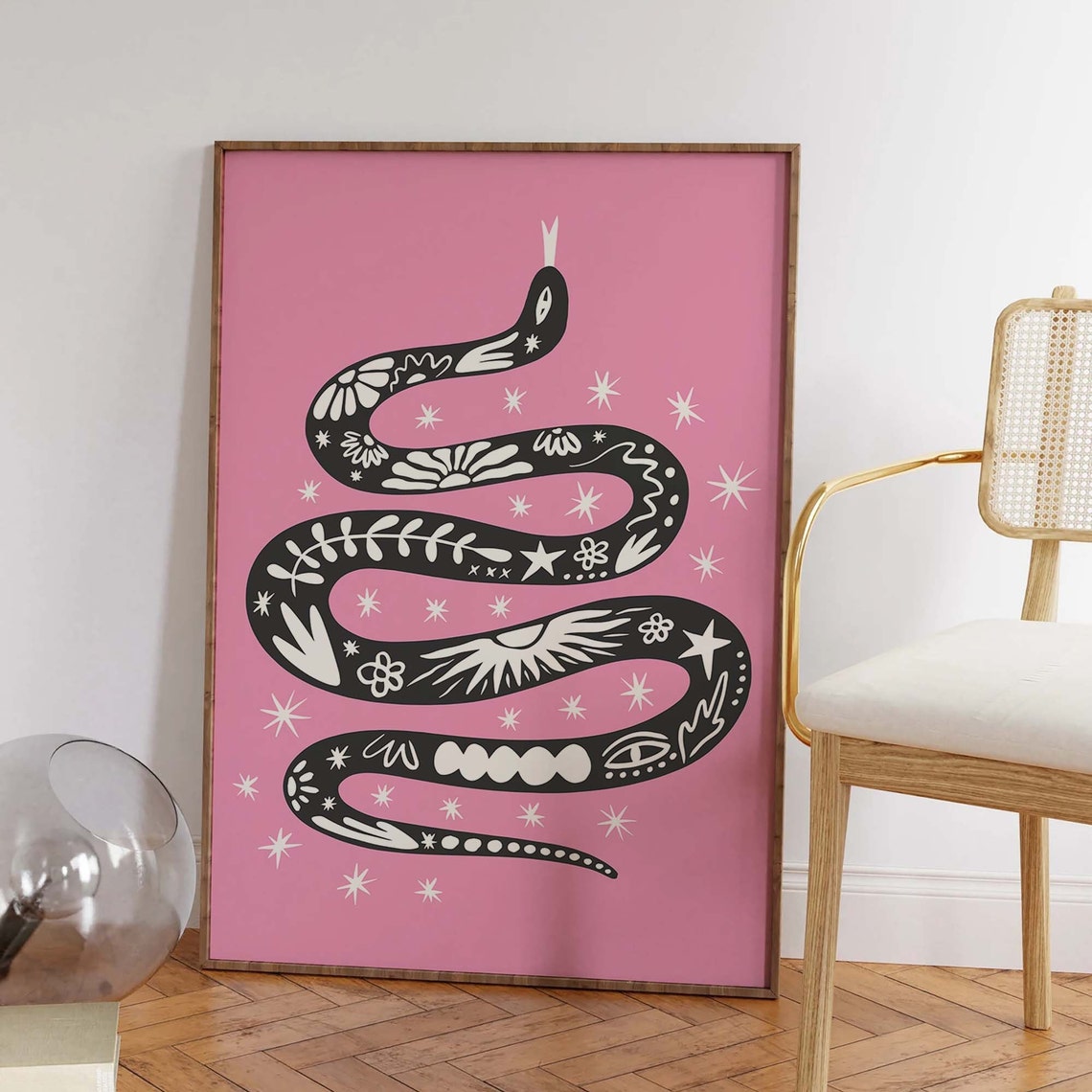 Boho Tattoo Snake Black Illustration Pink Starry Moon Art Print - Image 4