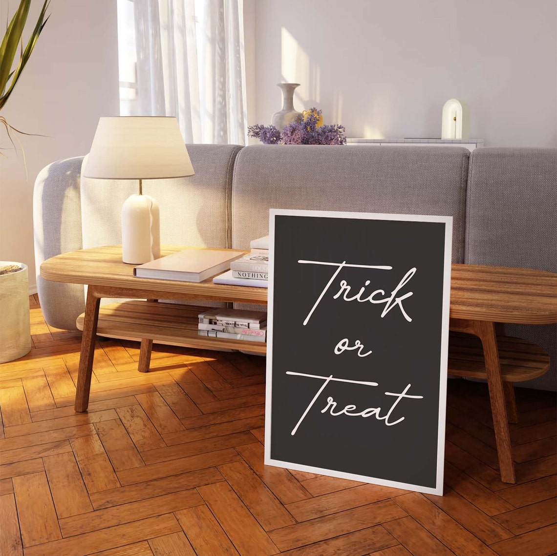 Trick Or Treat Script Lettering White on Black Halloween Wall Art - Image 3
