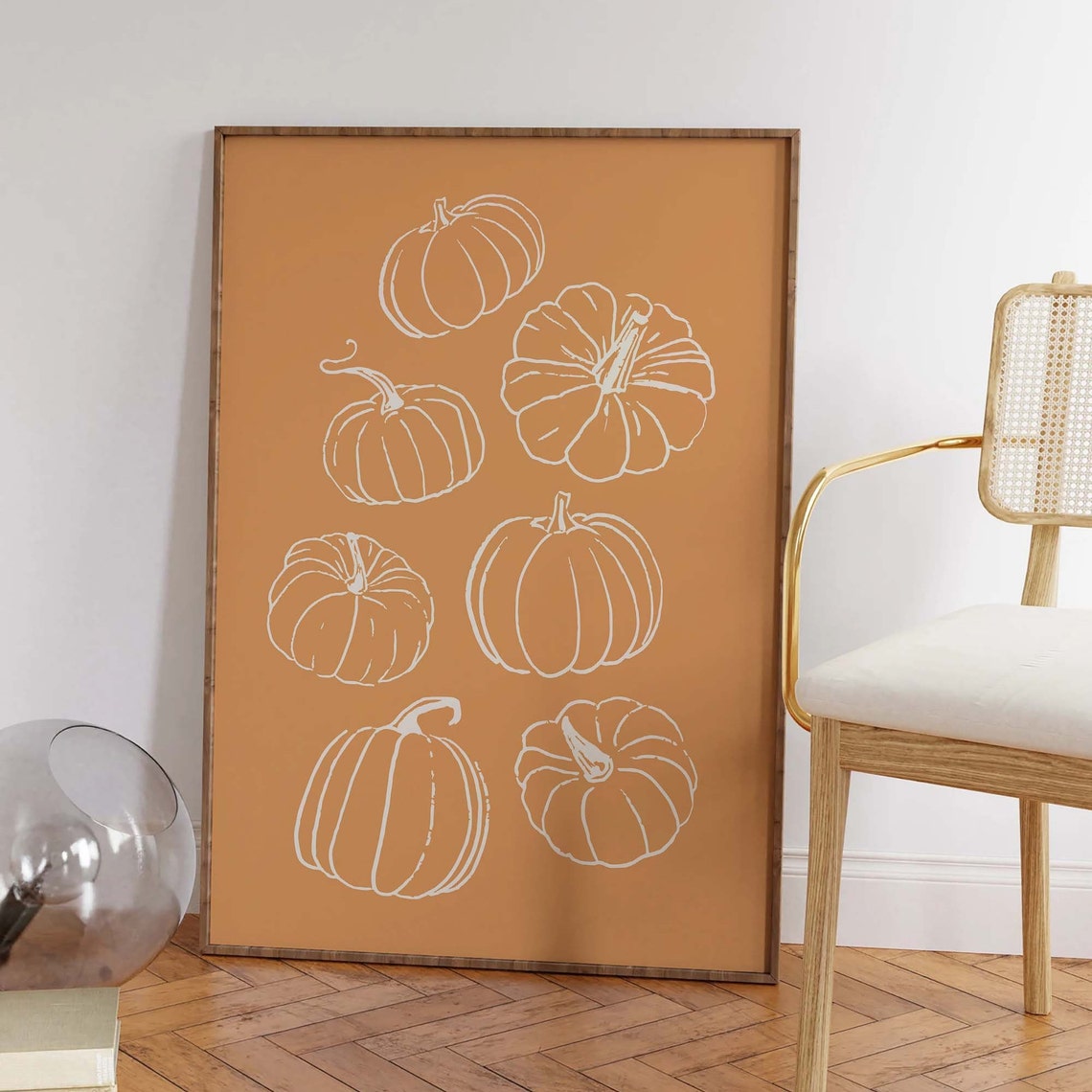 Pumpkins White Line Art Orange Rustic Fall Wall Decor Poster - Image 4