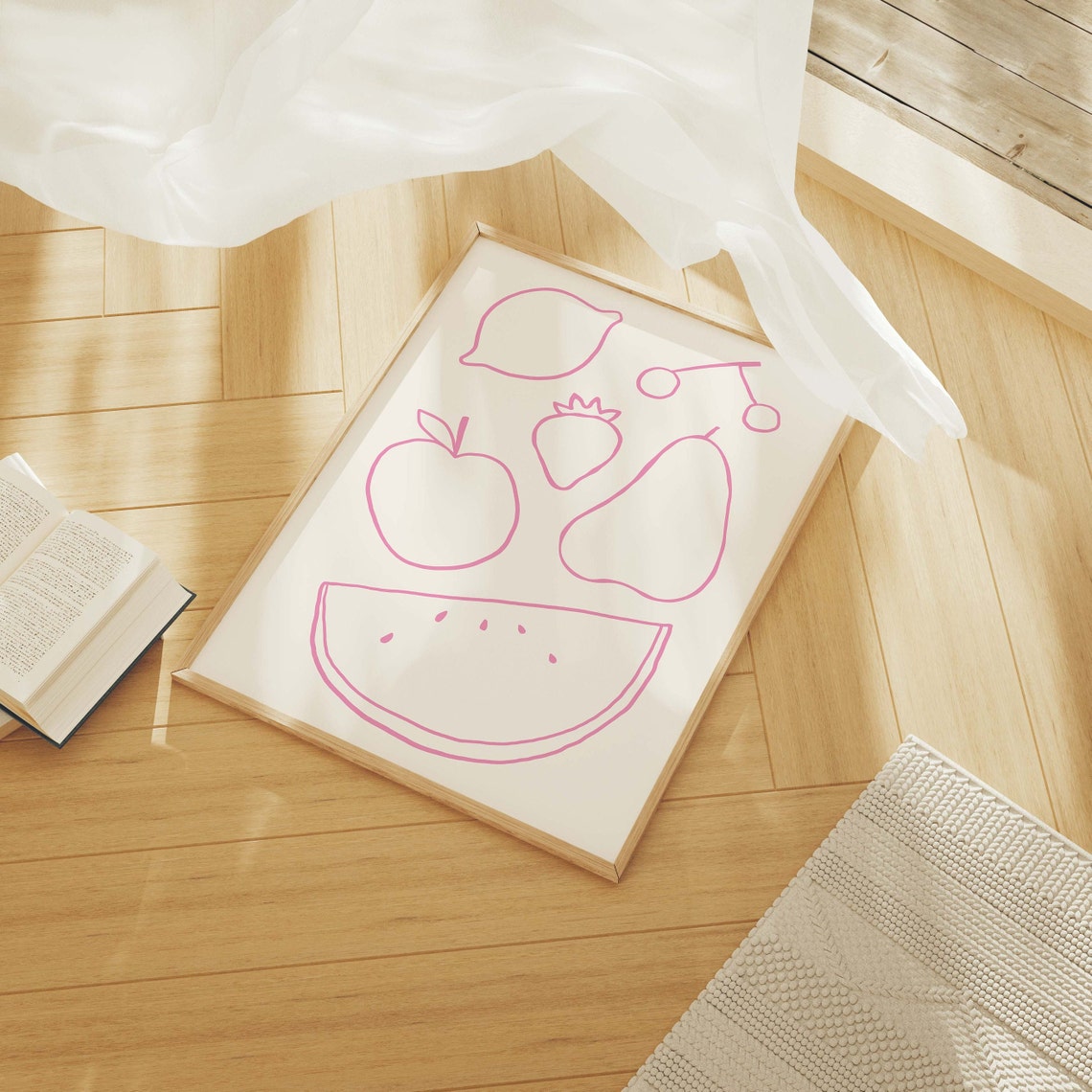 Minimal Fruit Line Art Pink Kitchen Modern Food Doodle Poster - Image 4
