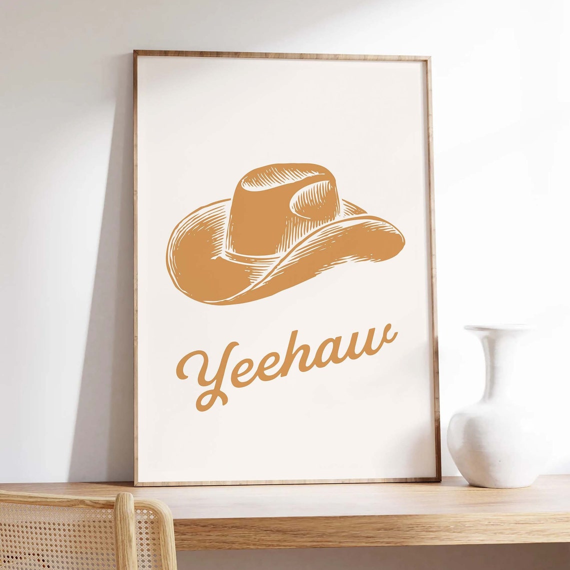 Tan Cowboy Hat Yeehaw Golden Retro Western Script Cream Art Poster - Image 3