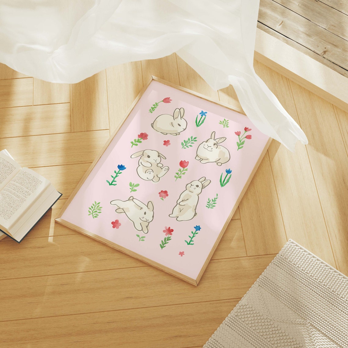 Cute Bunnies Print Art Cute Easter Bunnies Art Print Pink Wall Art Trendy Easter Decor Nursery Decor - Image 3