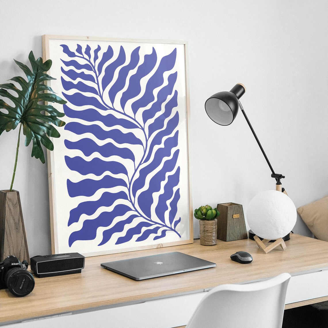 Cobalt Blue Wavy Fern Botanical Abstract Paper Cut Out Art Poster - Image 4