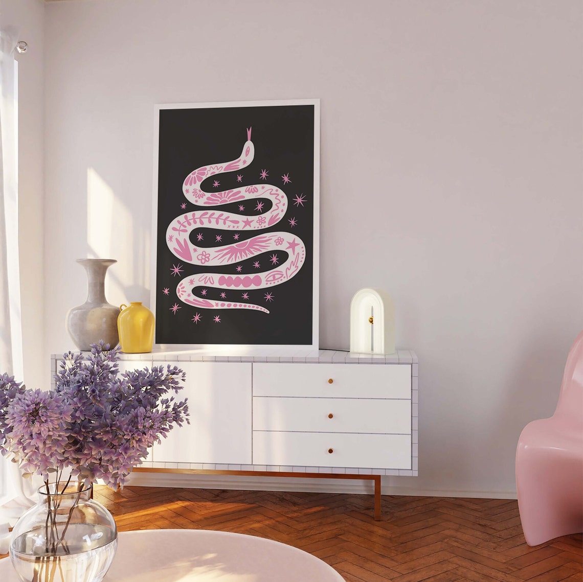 Boho Tattoo Snake White Illustration Black Starry Art Poster - Image 5