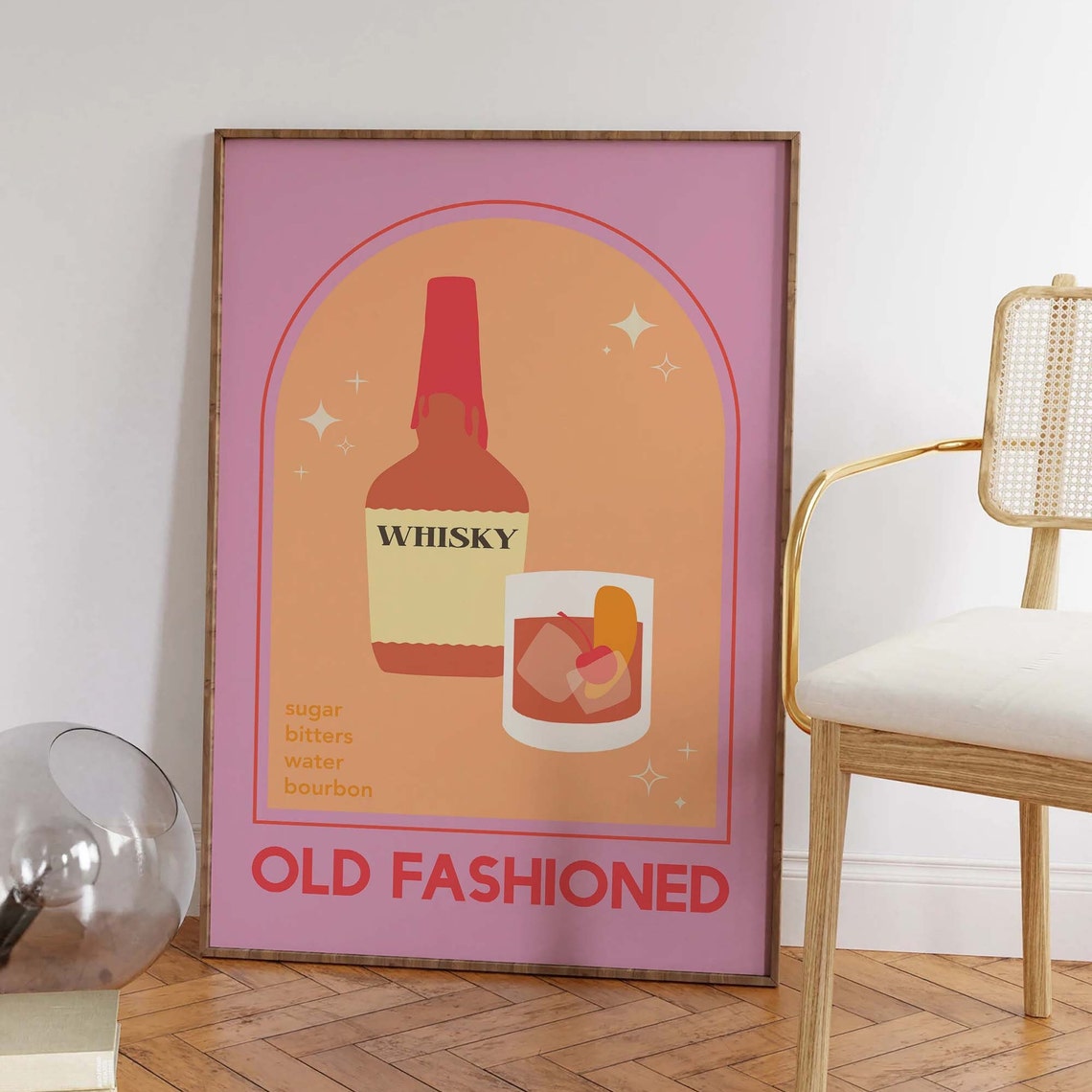 Old Fashioned Cocktail Print Art Cute Pink Bourbon Cocktail Bar Art Kitchen Wall Art - Image 5