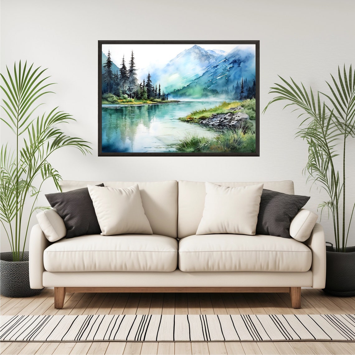 Misty Mountain Lake Blue Peaks Pine Shoreline Watercolor Wall Art - Image 5