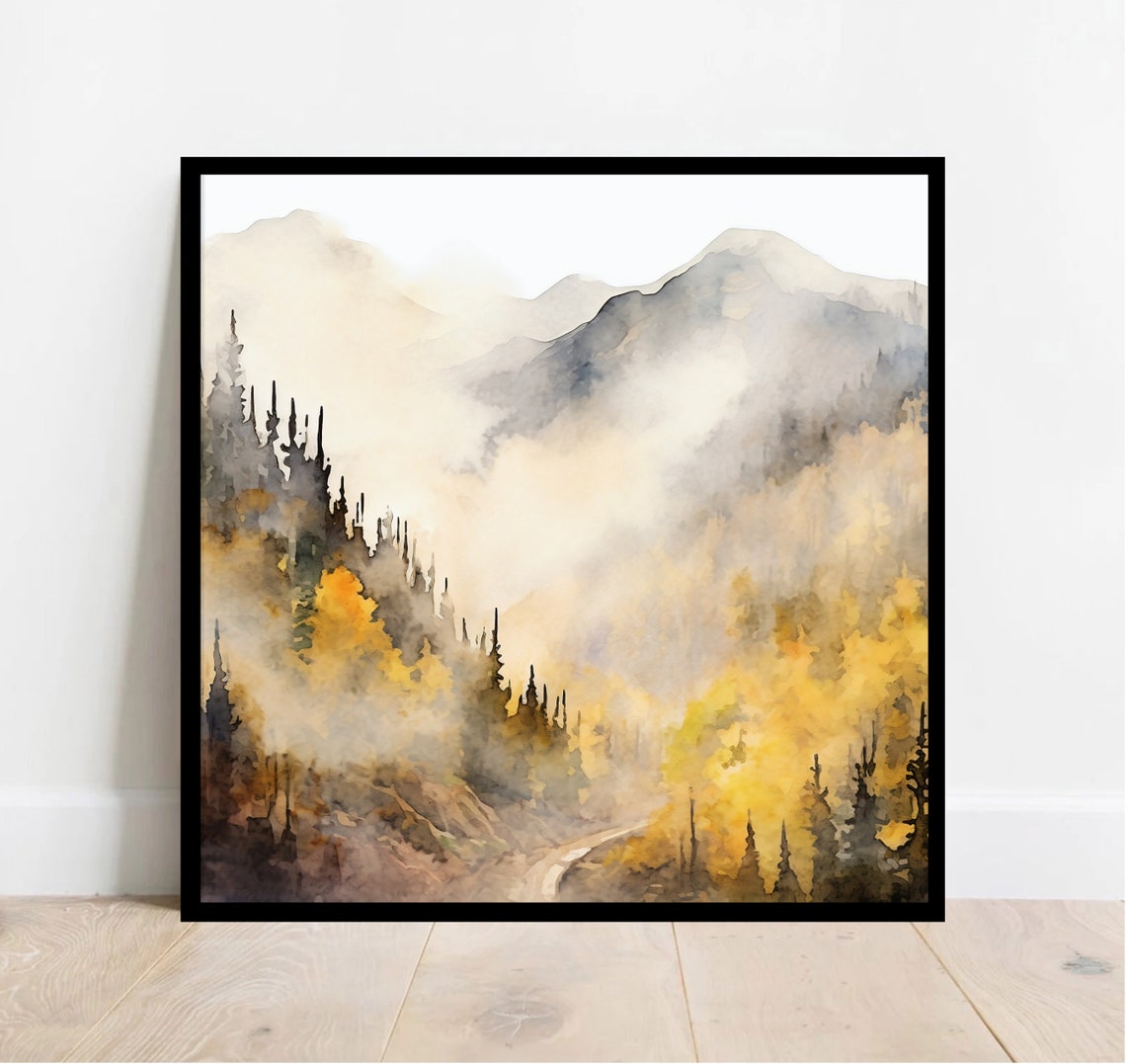 Autumn Misty Mountains Golden Aspen Watercolor Art Scene Poster - Image 4