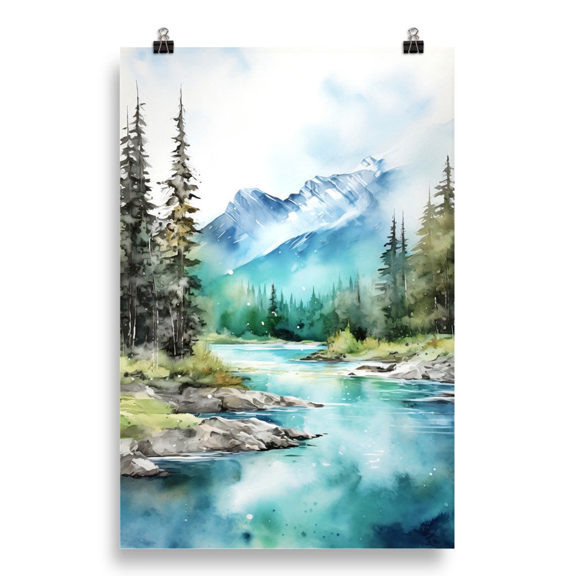 Turquoise Alpine Lake Pine Trees Snowy Peak Watercolor Poster - Image 5