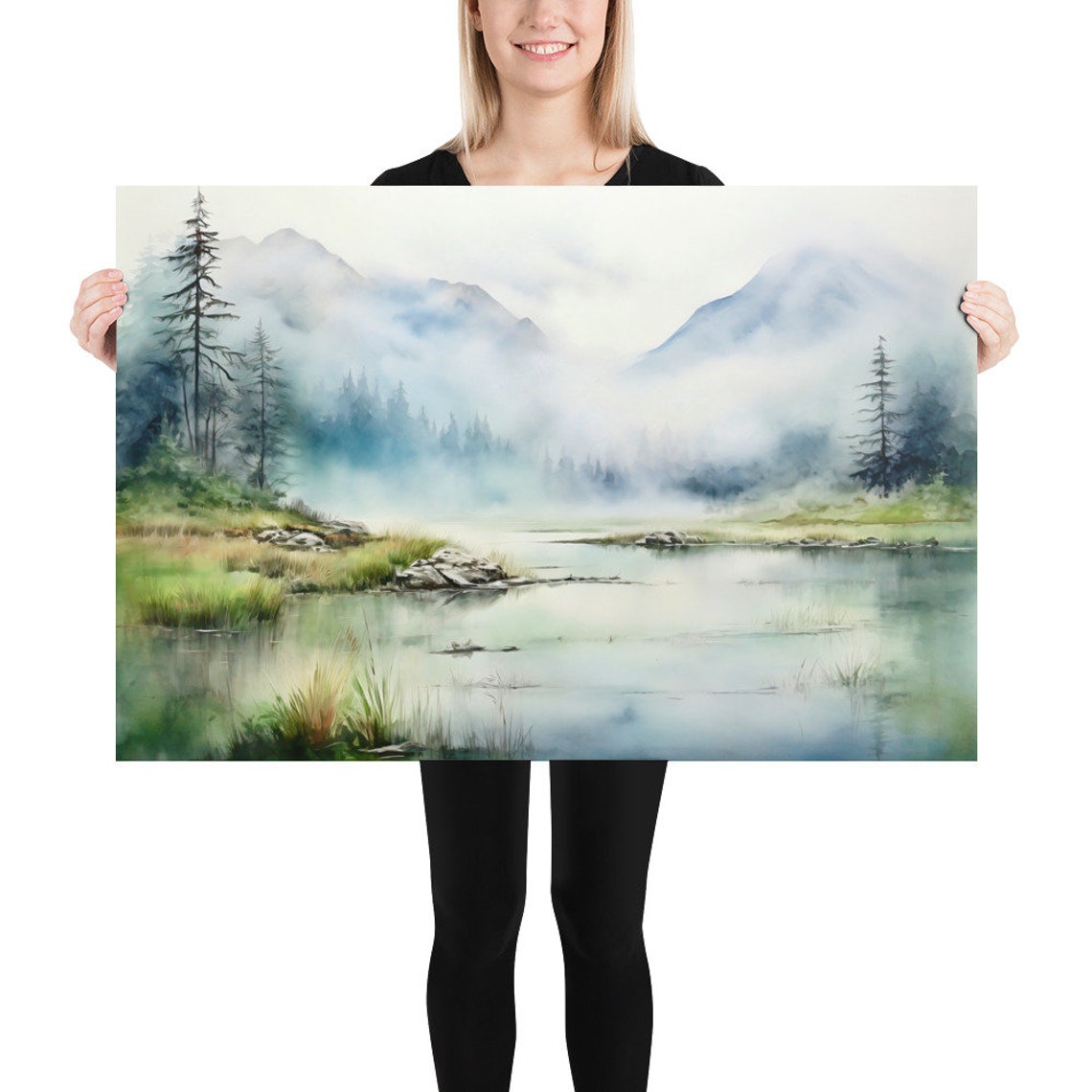 Misty Mountain Lake Pines Watercolor Nature Landscape Poster - Image 4