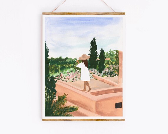 Woman On Terracotta Terrace Morocco Garden View Watercolor Travel Poster