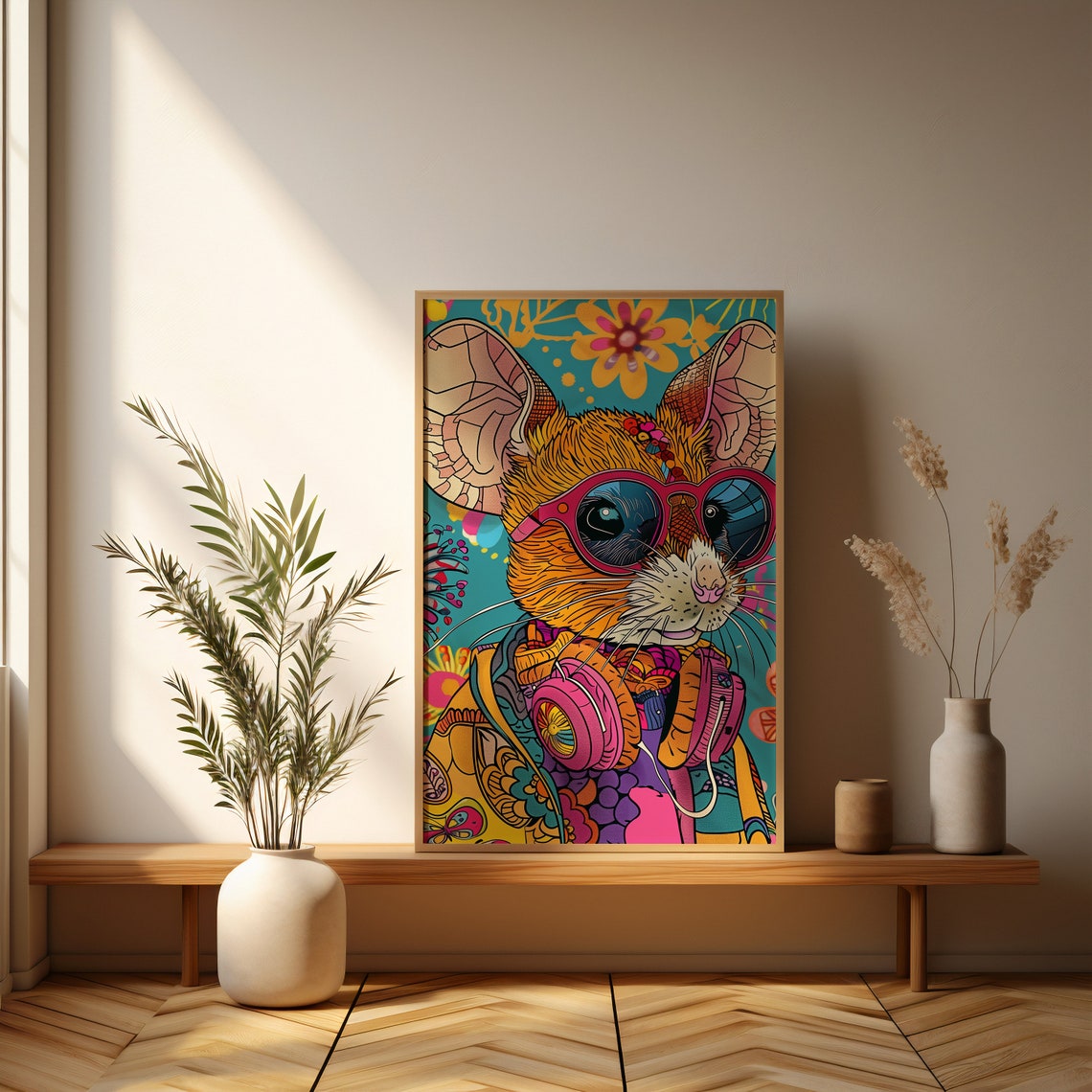 Bohemian Mouse With Pink Sunglasses and Headphones Pop Art Poster - Image 3