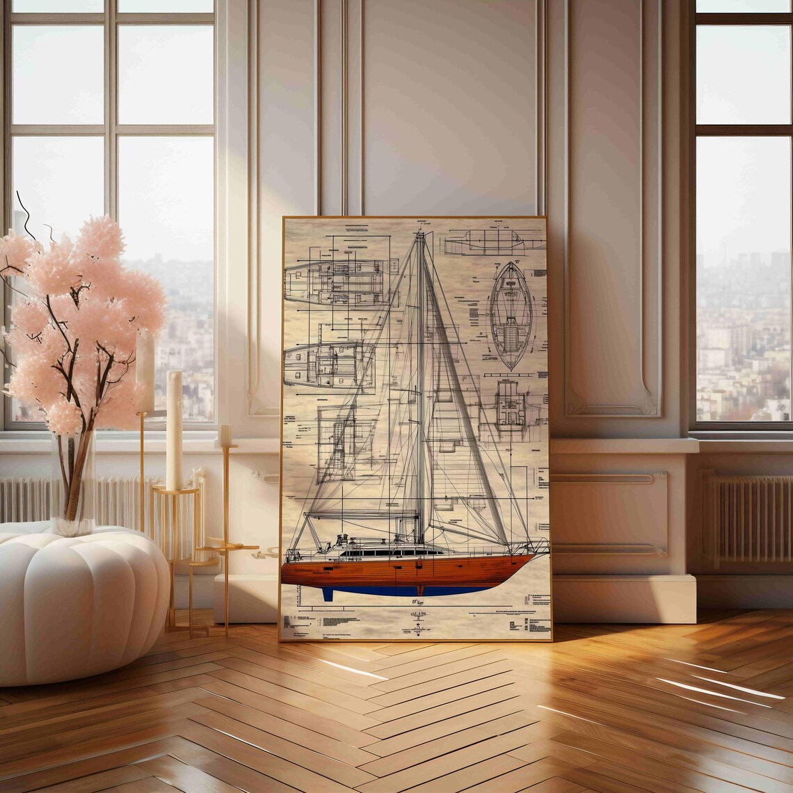 Vintage Sailing Yacht Blueprint, Nautical Wall Art Print - Image 4