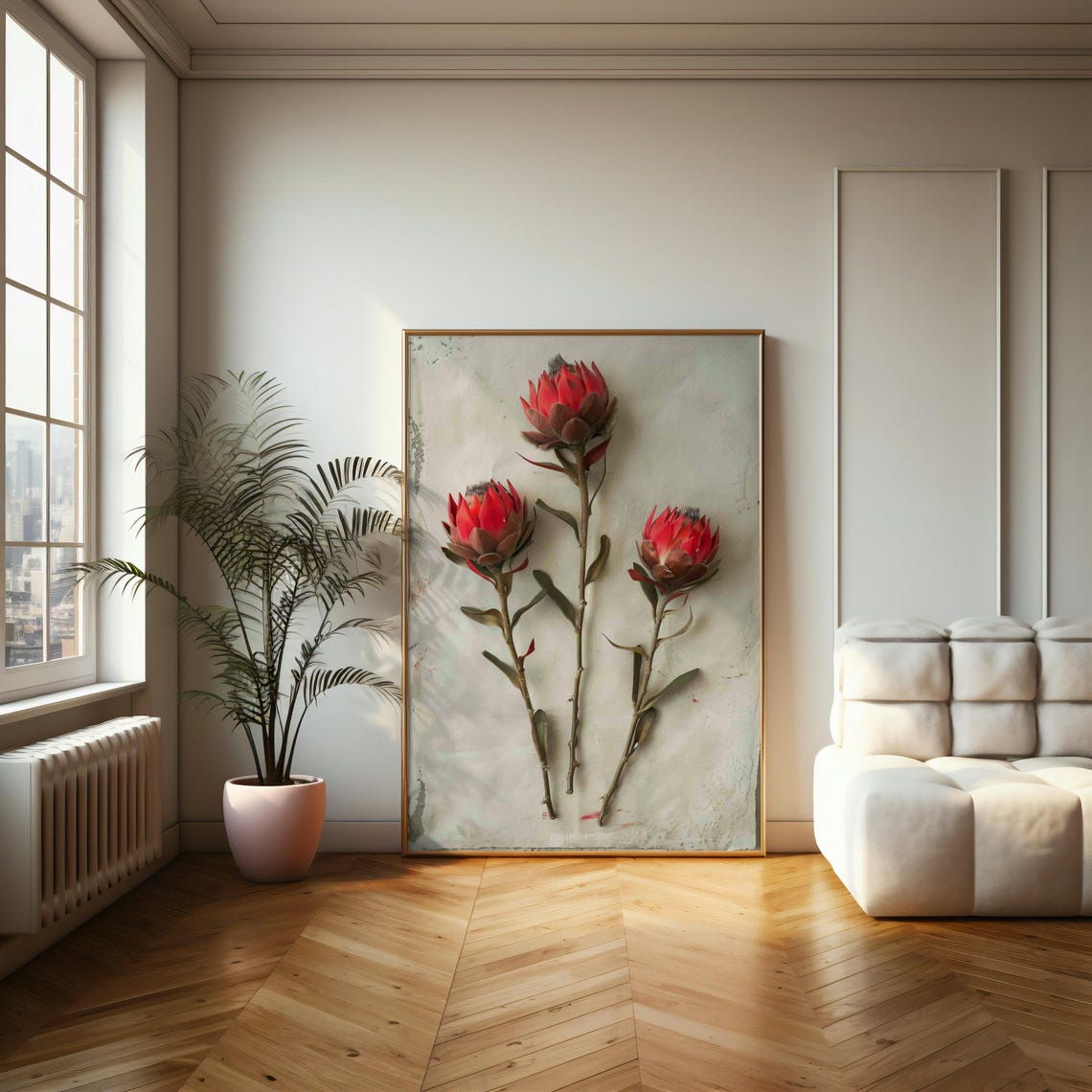 Three Red King Protea Stems On Textured White Rustic Art Print - Image 2