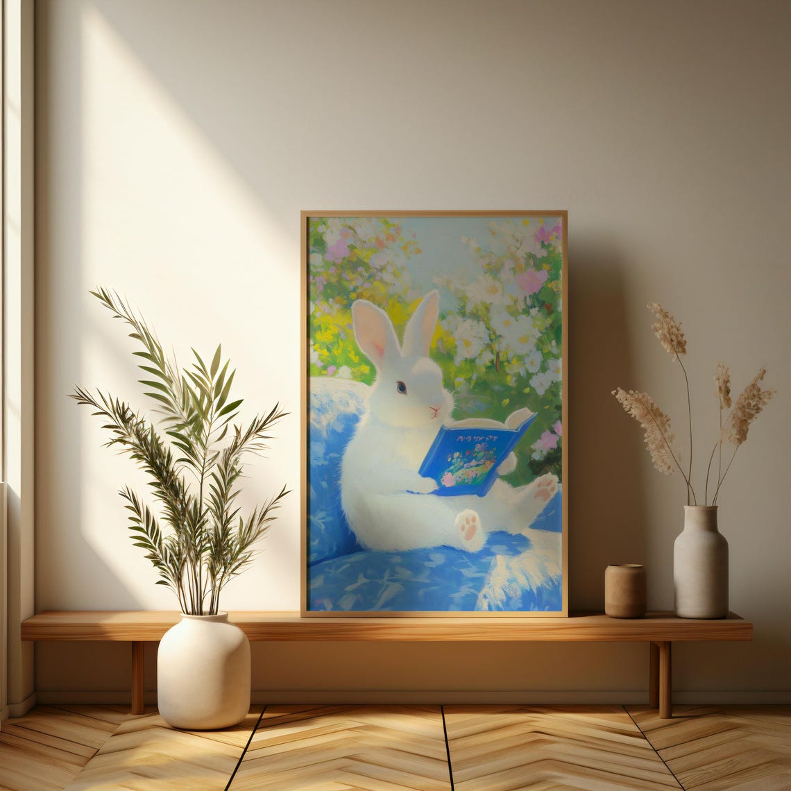 White Bunny Reading a Blue Book in a Pastel Flower Garden Poster - Image 3
