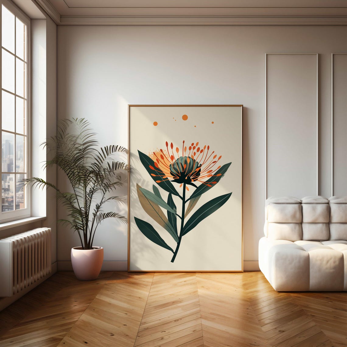 Lone Orange Protea Bloom Minimalist Cream Botanical Art Poster - Image 2