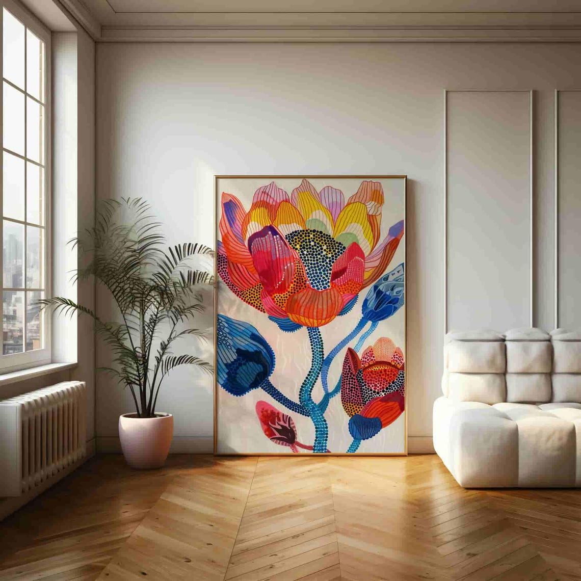 Vibrant Stylized Flower Made of Colorful Dotted Line Art Poster - Image 2