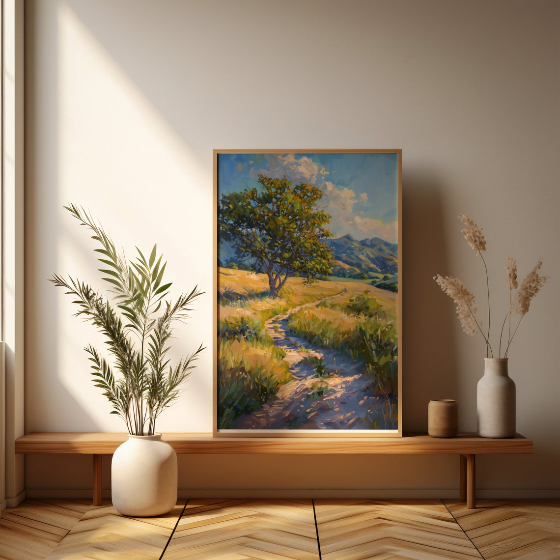 Sunlit Country Path Through Golden Meadow Summer Landscape Poster - Image 4