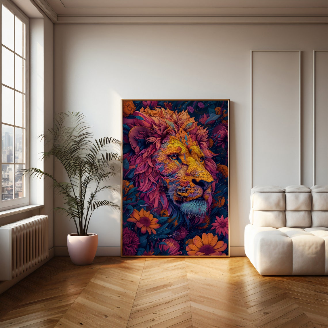 Vibrant Neon Lion With Flowers Bold Modern Jungle Art Poster - Image 3