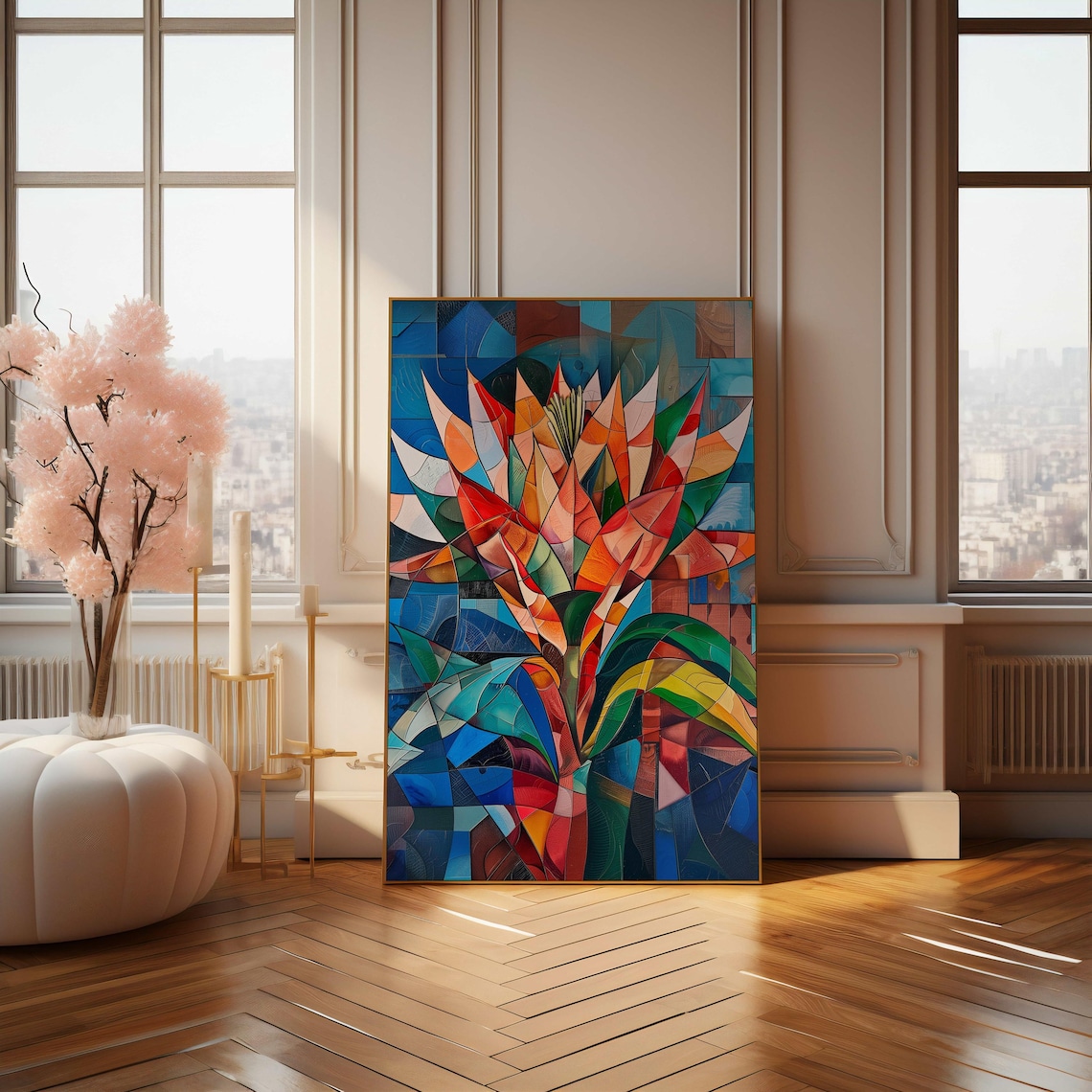 Cubist Geometric Protea Flower Fiery Red Blue Abstract Art Poster - Image 4