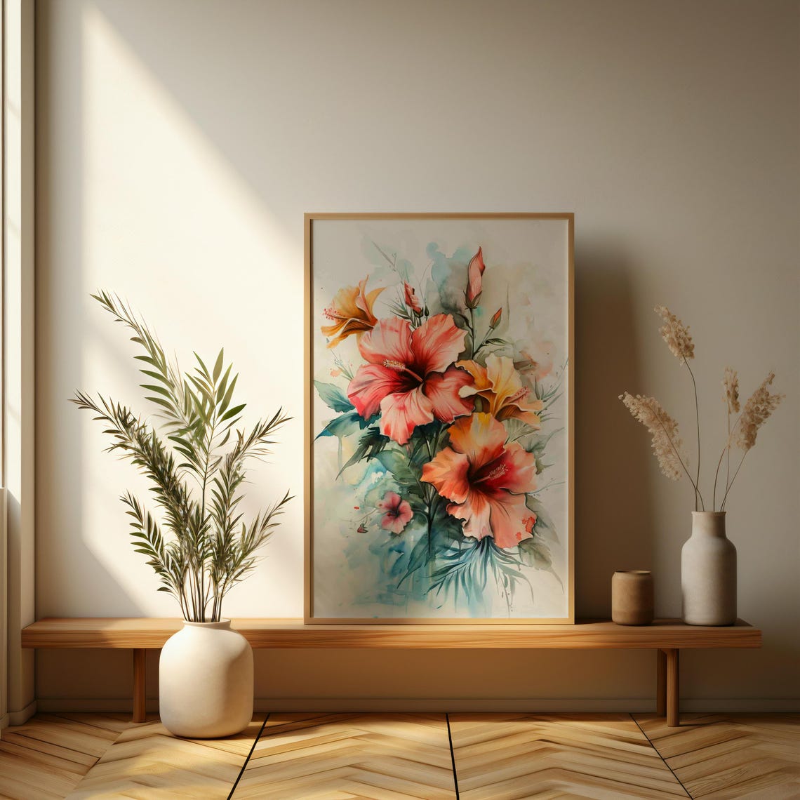 Tropical Hibiscus Flower Bouquet Soft Watercolor Painting Poster - Image 3