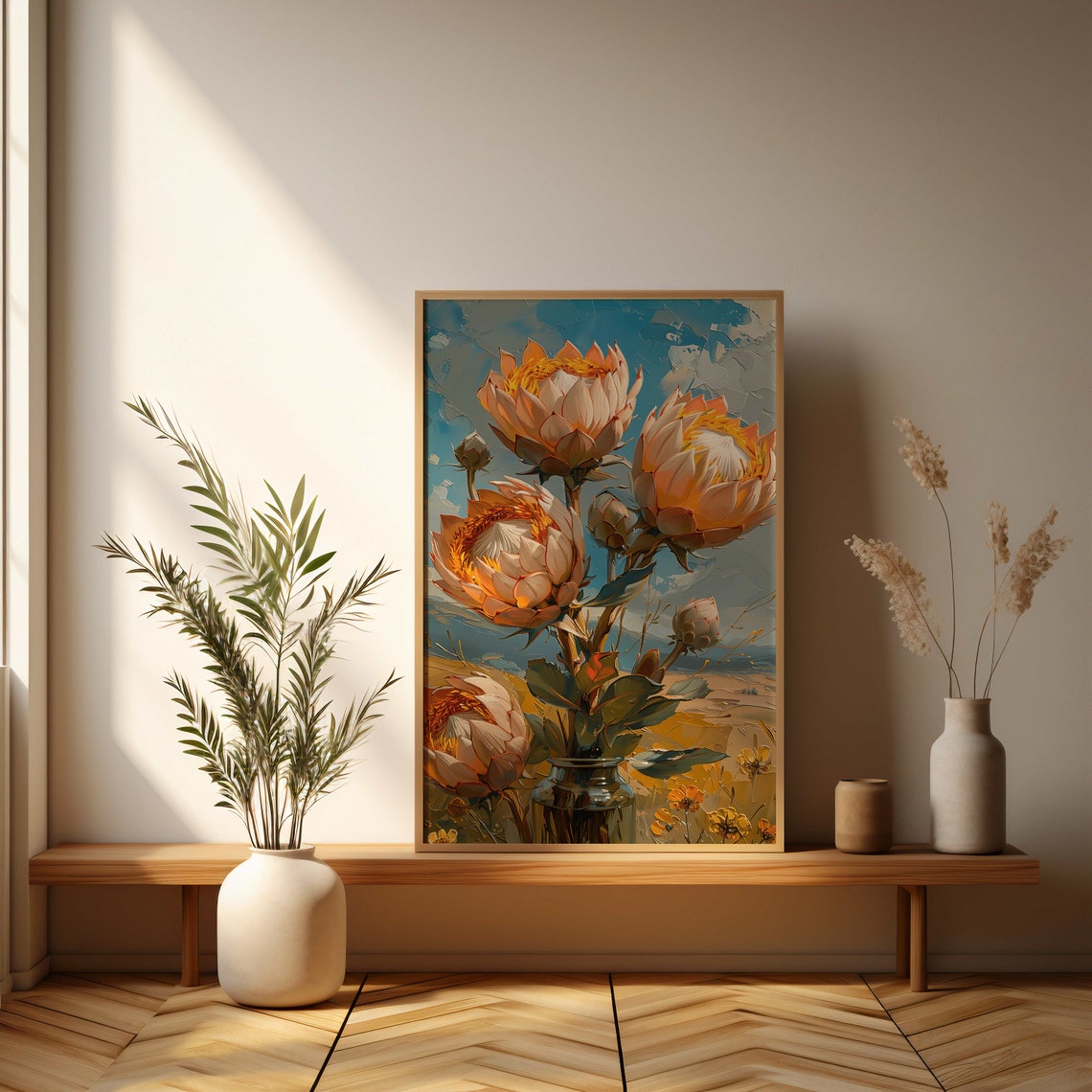 Peachy Protea Bouquet in a Vase Textured Oil Painting Poster - Image 3