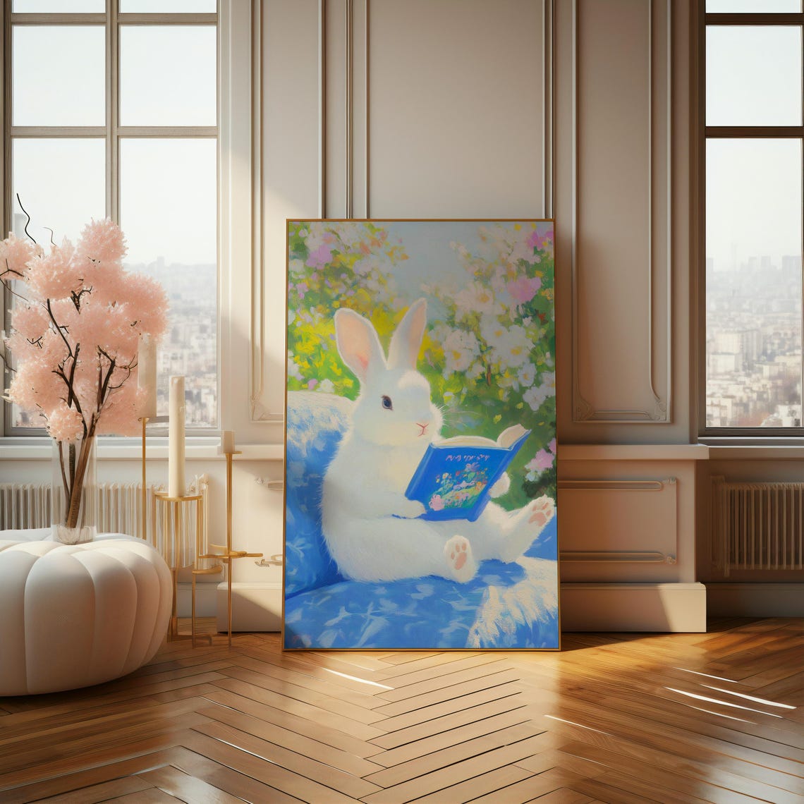 White Bunny Reading a Blue Book in a Pastel Flower Garden Poster - Image 4