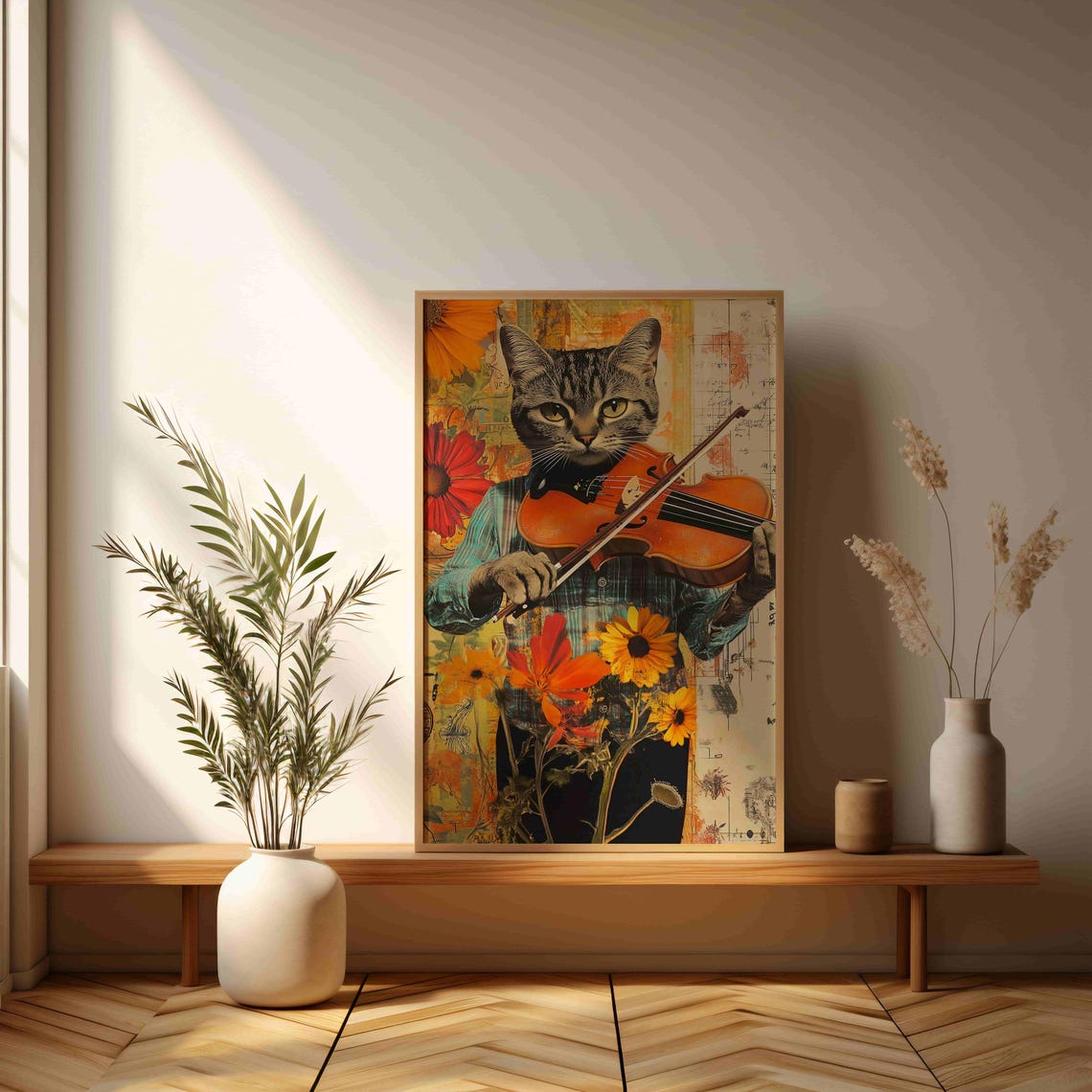 Tabby Cat Playing Violin with Sunflowers Whimsical Collage Poster Art - Image 3