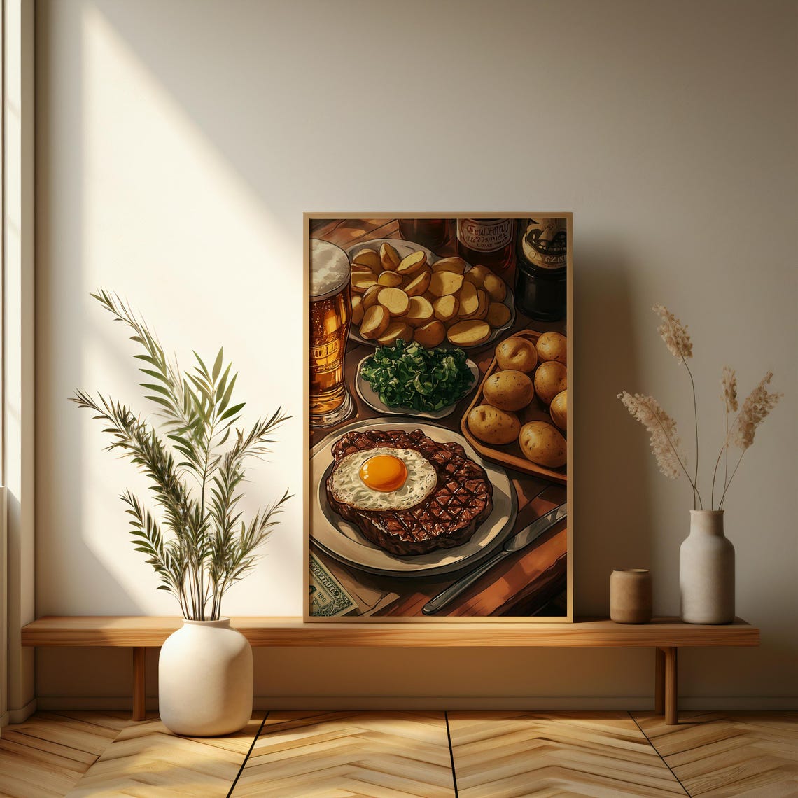 Gourmet Meal Wall Art Steak With Egg And Beer Still Life Perfect For Modern Kitchen And Dining Room Aesthetics - Image 3
