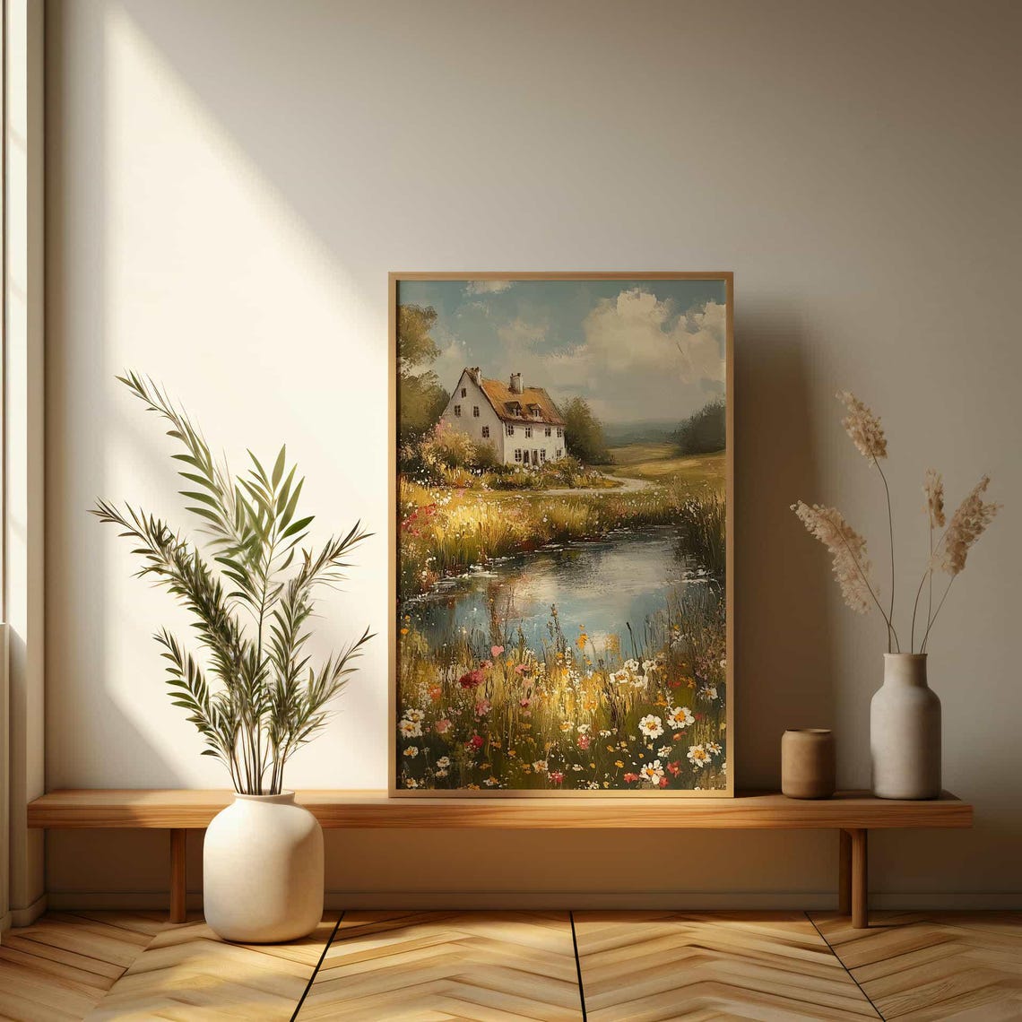 White Cottage by a Pond With Wildflowers Impressionist Poster - Image 3