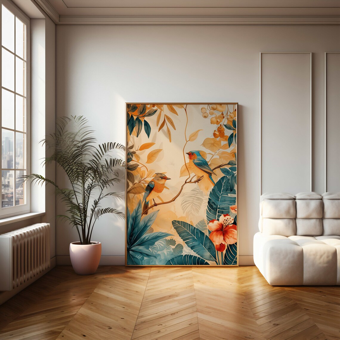 Two Tropical Songbirds on a Branch Botanical Watercolor Wall Art - Image 2