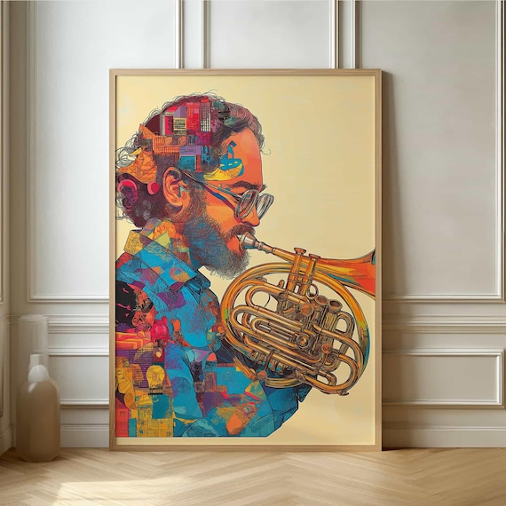 Abstract Colorful Jazz Musician Playing French Horn Geometric Style Wall Art