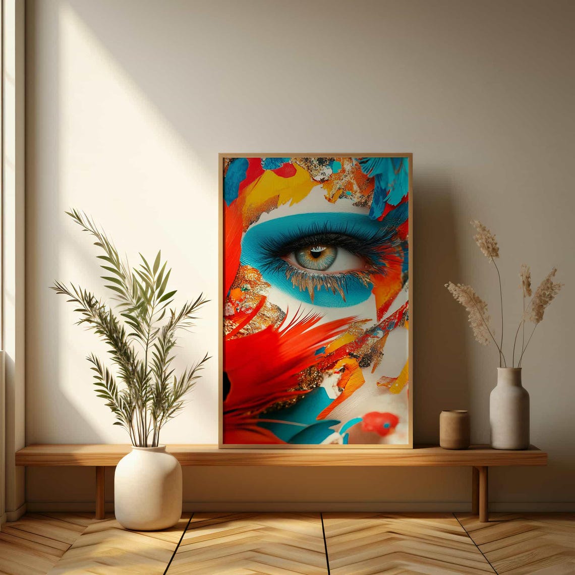 Macro Eye with Blue Shadow and Feathers Vibrant Modern Art Poster - Image 3