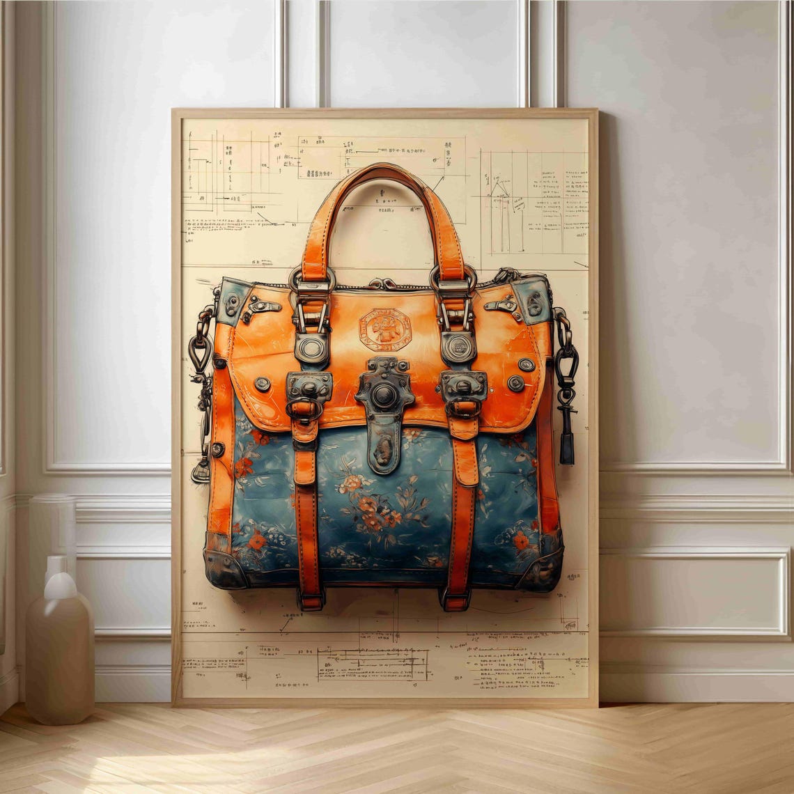 Steampunk Leather Satchel Floral Pattern Blueprint Drawing Wall Print