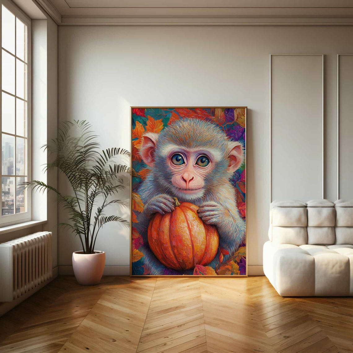 Adorable Baby Monkey Holding a Pumpkin Autumn Leaves Art Poster - Image 2