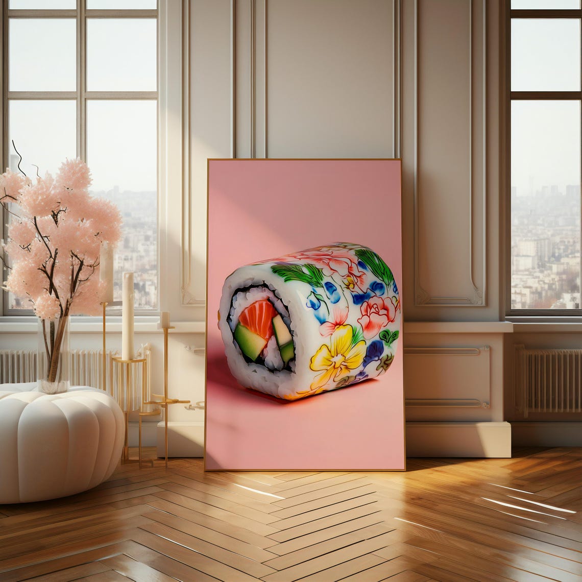 Floral Decorated Sushi Roll on Pink Background Quirky Art Poster - Image 4
