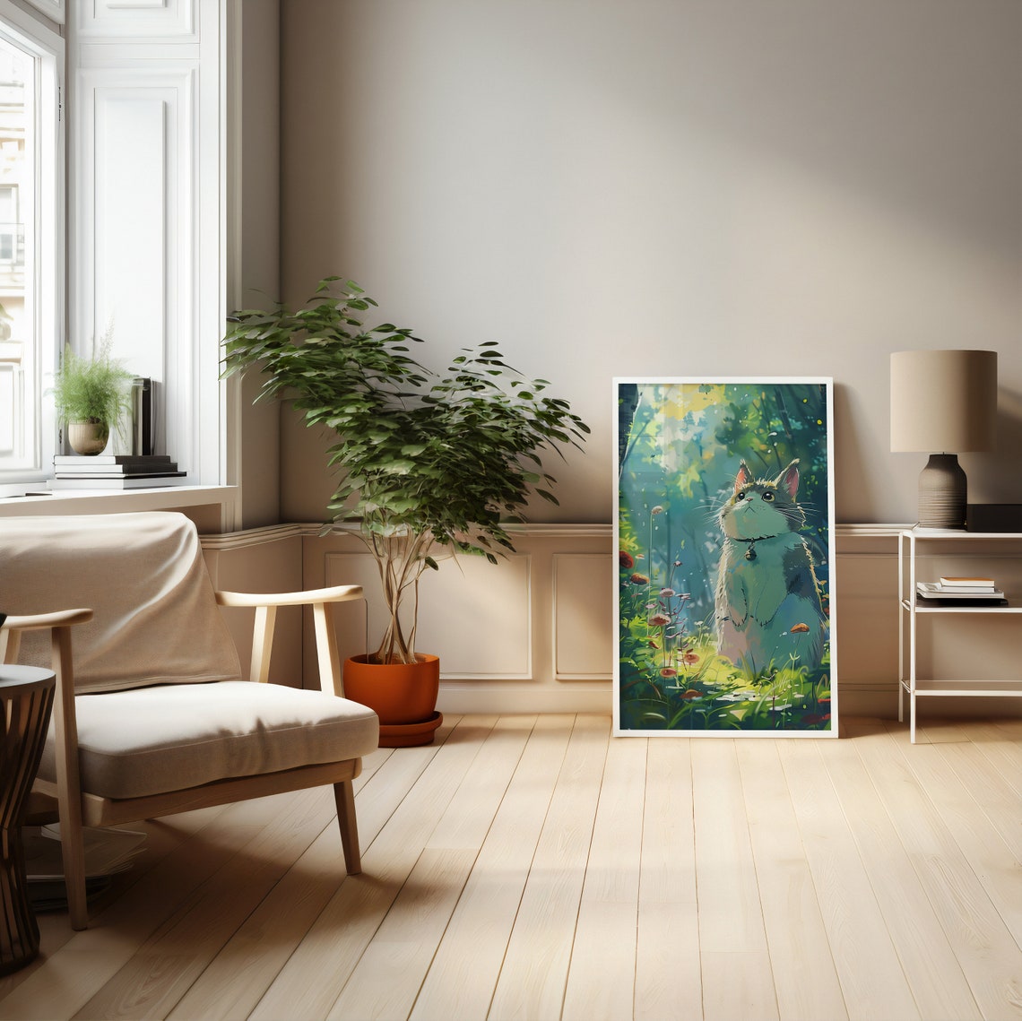 Tabby Cat With Bell Sitting in a Sunlit Forest Glade Art Poster - Image 4