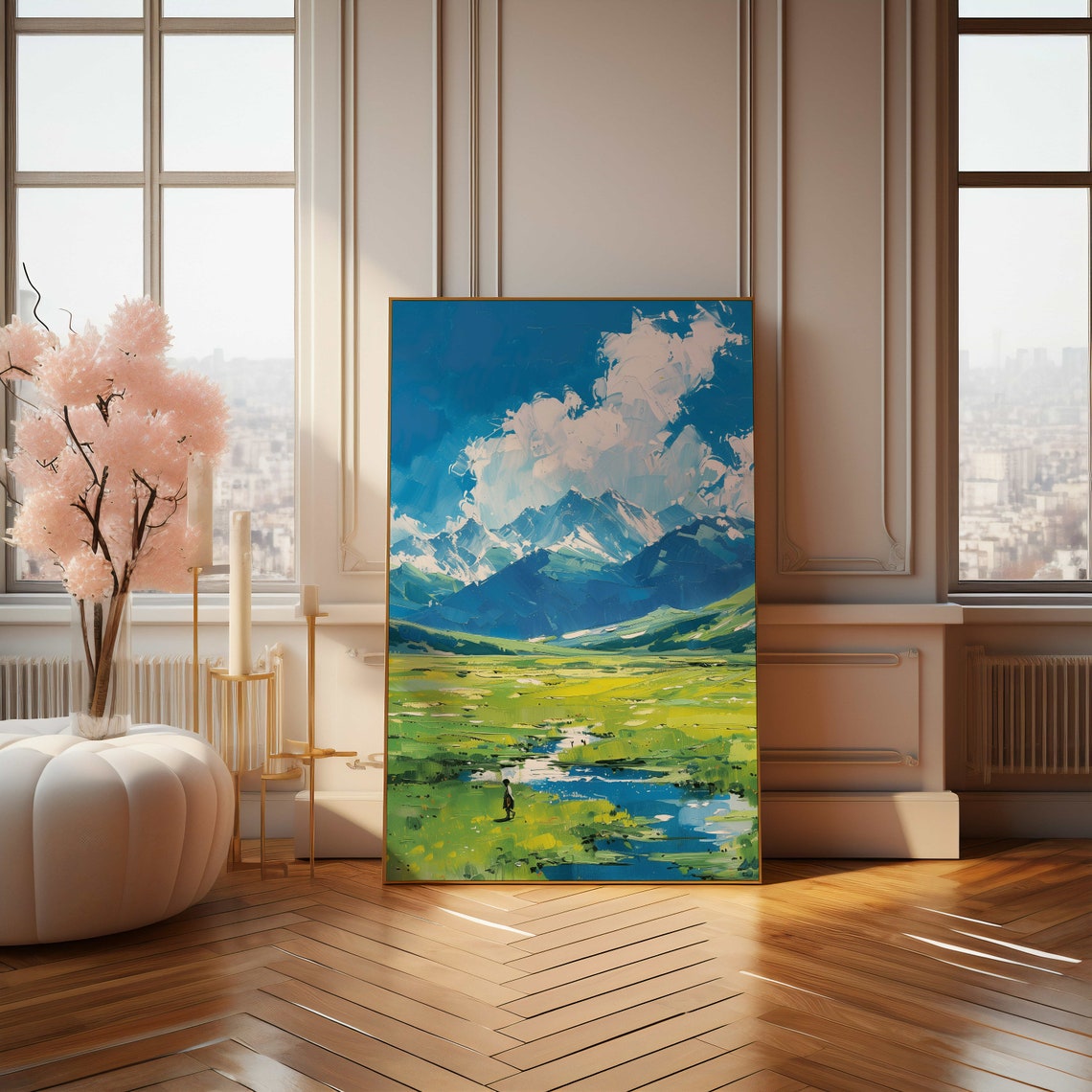 Snow Capped Mountains Over Green Valley Meadow Painting Poster - Image 4