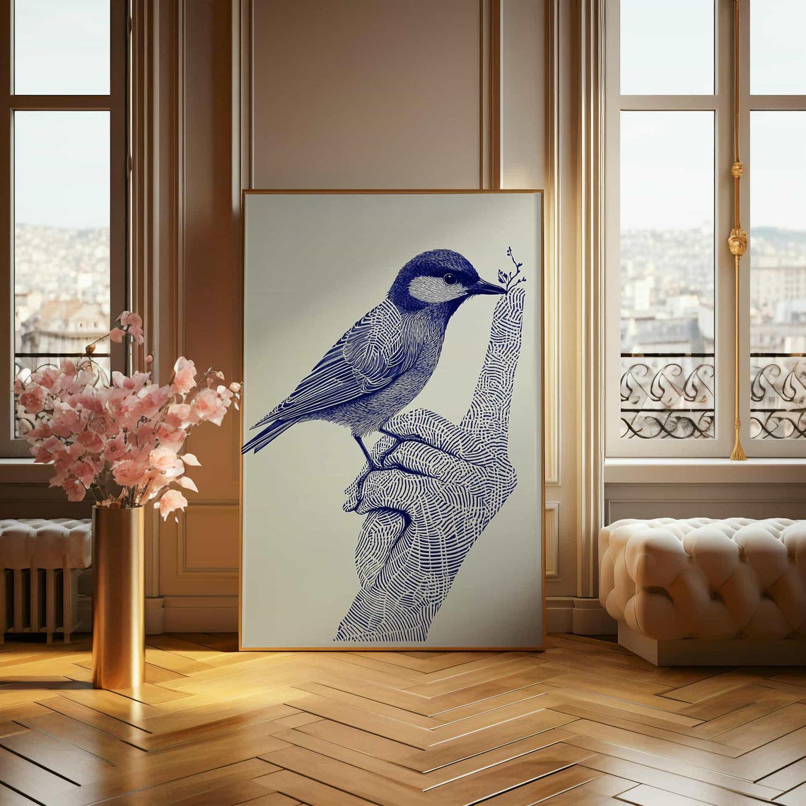 Songbird Perched on a Hand Indigo Ink Line Drawing Art Poster - Image 5
