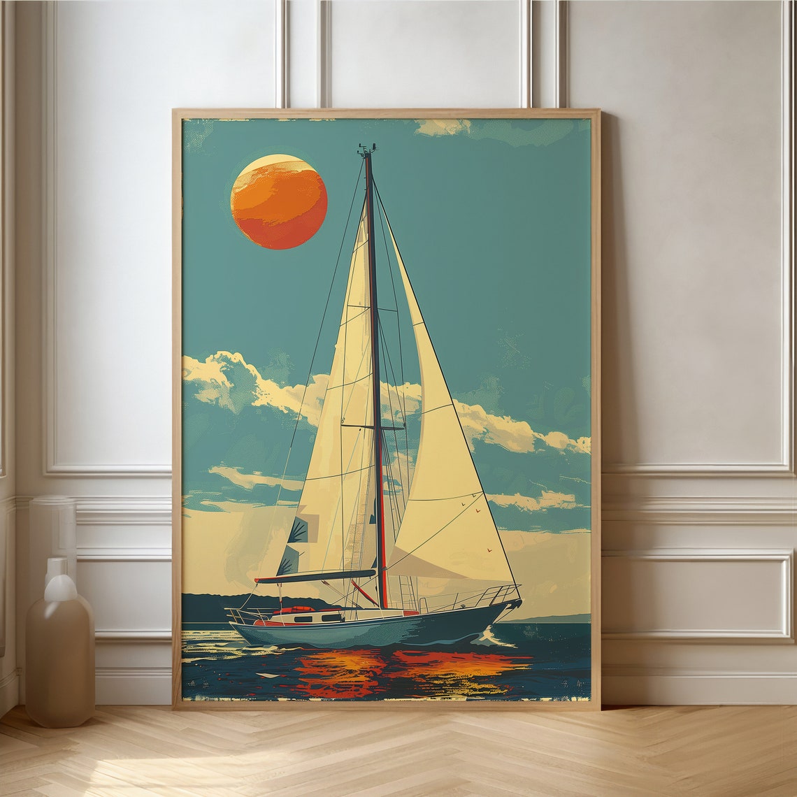 Retro Sailboat Under a Giant Orange Sun on a Teal Sky Art Poster