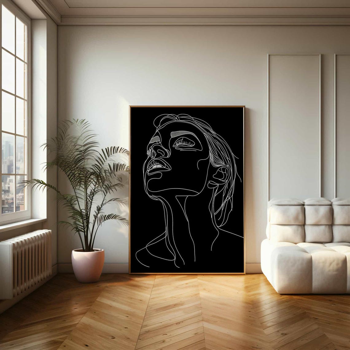 Minimalist Black And White Single Line Woman Face Looking Up Wall Art - Image 2
