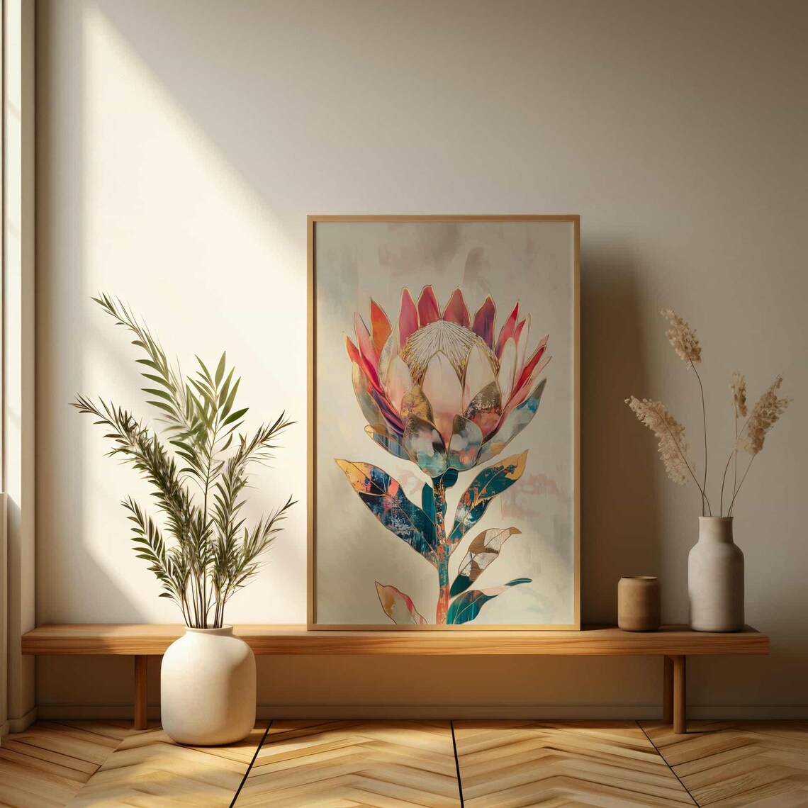 Gold Inlay Protea Flower Art Print, Abstract Botanical - Image 3