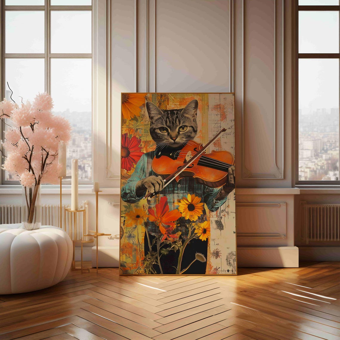 Tabby Cat Playing Violin with Sunflowers Whimsical Collage Poster Art - Image 4